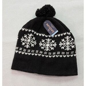 Juncture Beanie Hat Unisex One Size Black New Snowflake Fleece Lined Pom Pom